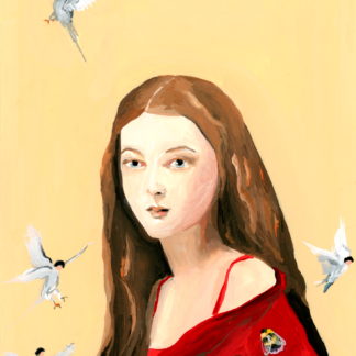 Original Red Shawl Birds and Bee Portrait by Alexandra Swistak