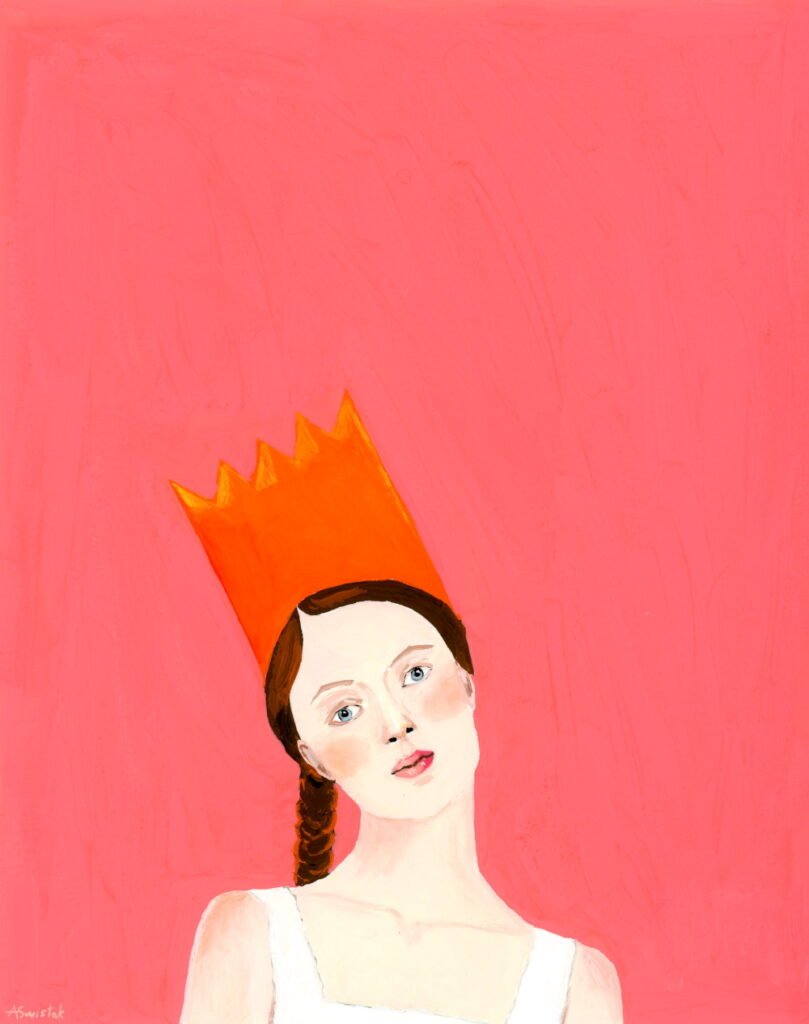 Woman Wearing an Orange Paper Crown Contemporary Gouache Portrait Painting by Alexandra Swistak