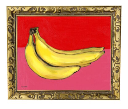 Andy Warhol Pop Art Style, Three Bananas on Red and Pink Color Block, Modern Still Life Oil Painting - Image 2