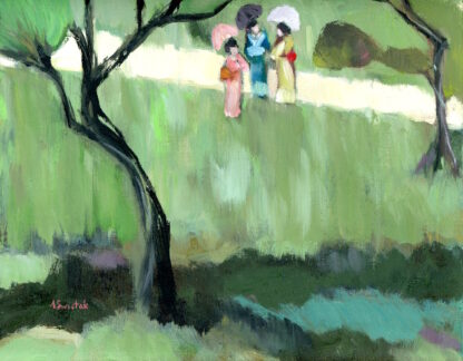 Japanese Garden, Vintage Swedish Inspired Mid-Century Modern Figurative Landscape Oil Painting - Image 4