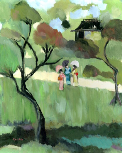 Japanese Garden, Vintage Swedish Inspired Mid-Century Modern Figurative Landscape Oil Painting