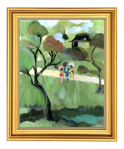 Japanese Garden, Vintage Swedish Inspired Mid-Century Modern Figurative Landscape Oil Painting - Image 2