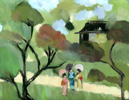 Japanese Garden, Vintage Swedish Inspired Mid-Century Modern Figurative Landscape Oil Painting - Image 5