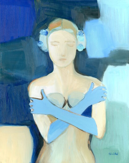 Mid Century Modern Abstract Figurative Angel in Green Vintage Swedish Inspired Oil Painting