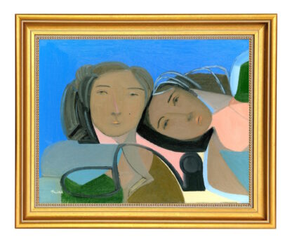 Sisters II Mid Century Modern Vintage Swedish Inspired Abstract Portrait Oil Painting - Image 3