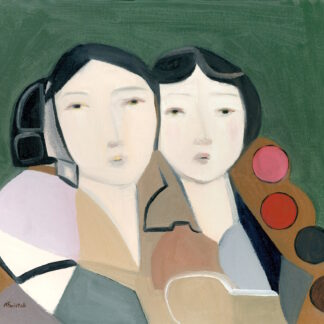 Sisters Mid Century Modern Abstract Vintage Swedish Inspired Portrait Oil Painting