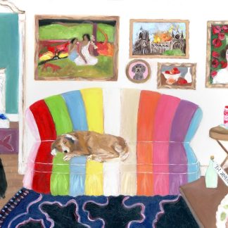 Striped Sofa, Interior Room Portrait, Contemporary Fine Art Oil Painting For Sale by Alexandra Swistak