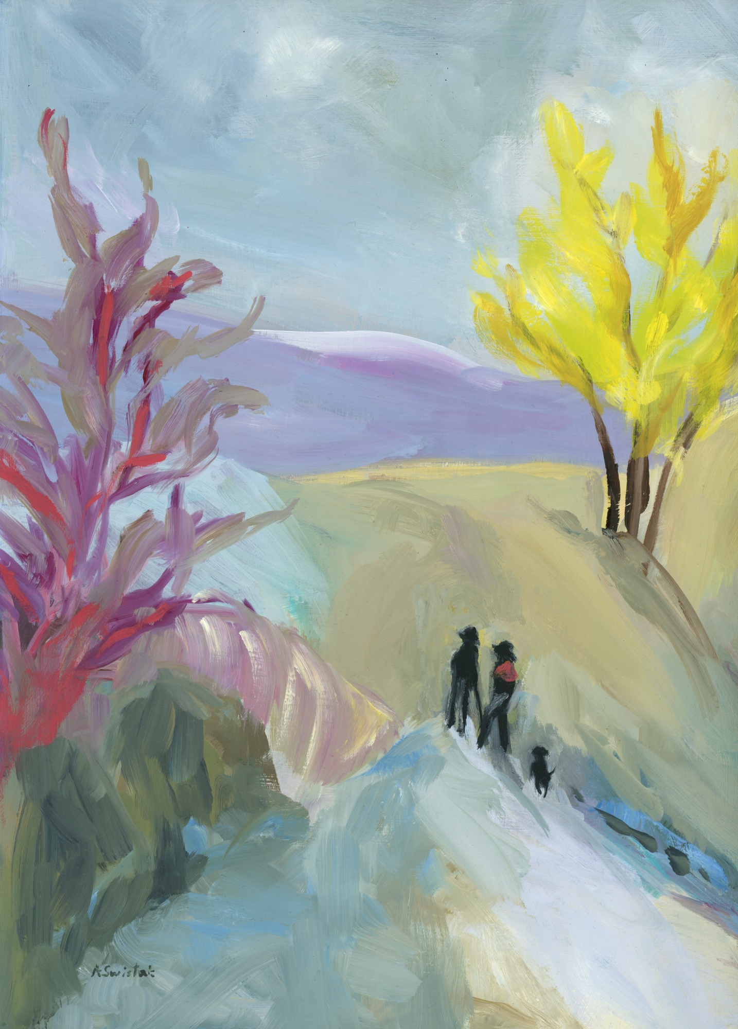 Party of Three, Vintage Swedish Mid Century Modern Inspired, Expressionist Landscape Oil Painting by Alexandra Swistak - Image 4