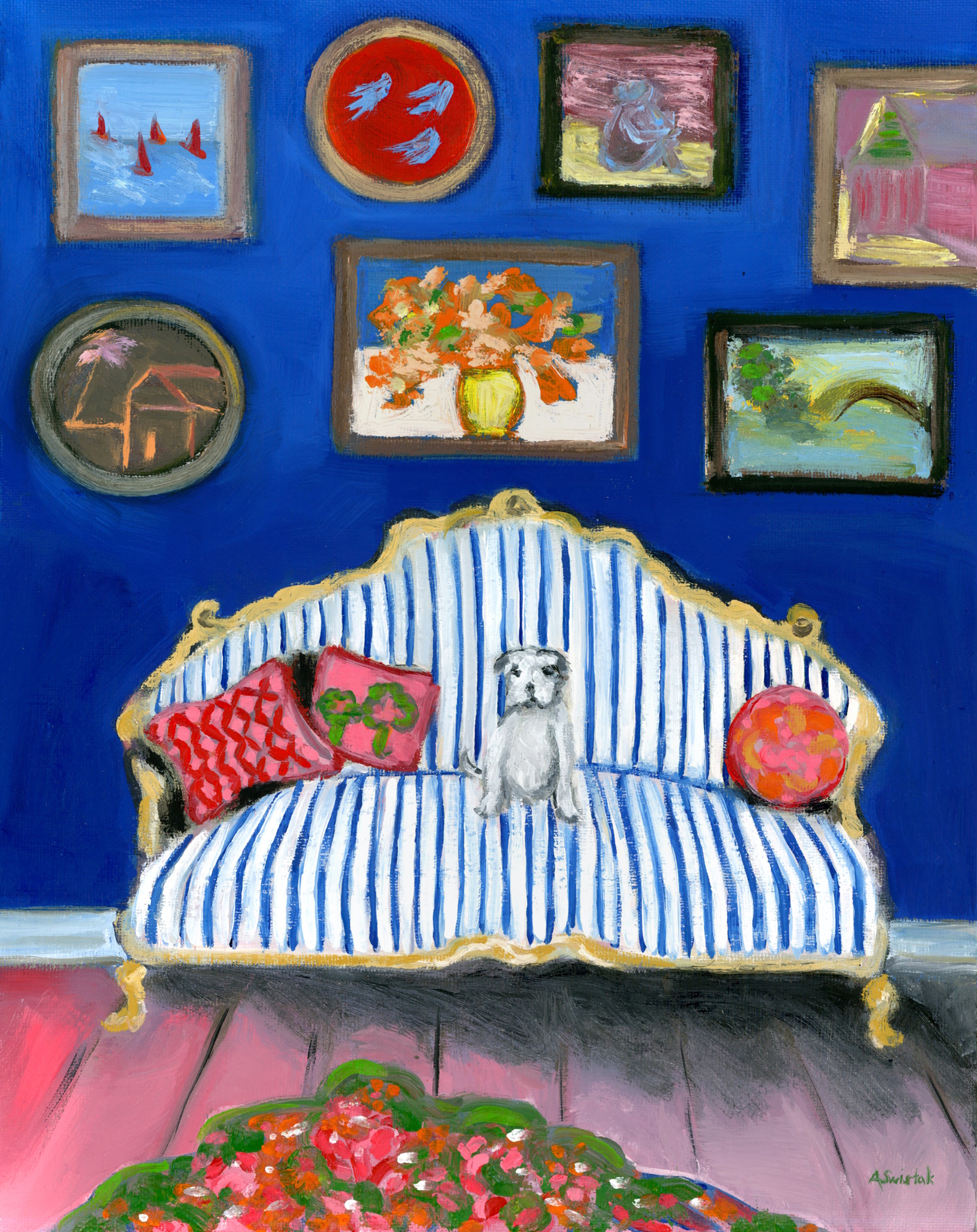 Pup on Blue Striped Sofa, Interior Room Portrait Giclée Fine Art Print