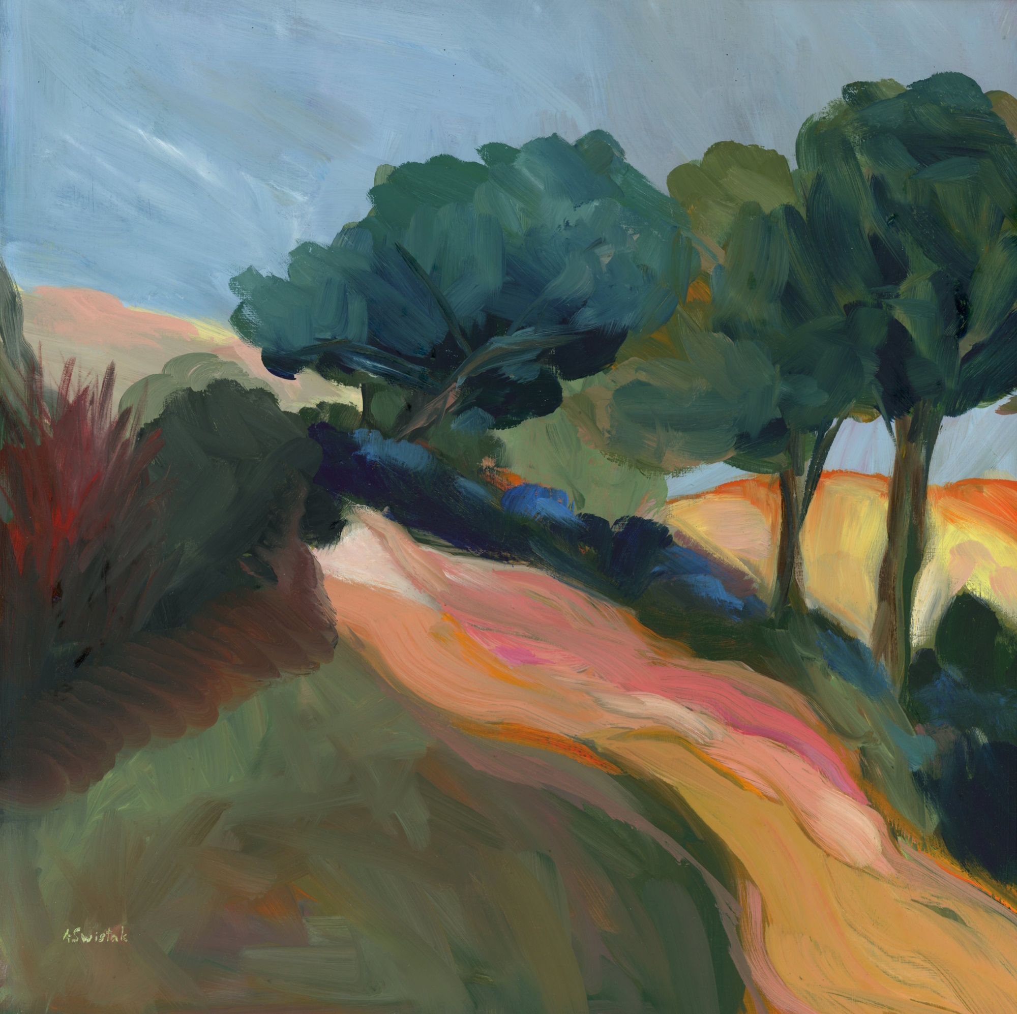 Views Above, Vintage Swedish Inspired Mid Century Modern, Impressionist Oil Painting by Alexandra Swistak