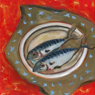 Mid-Century Modern "Two Fish" Vintage Style Still Life Oil Painting by Alexandra Swistak, Framed