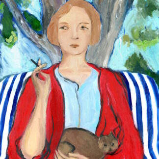 Cat Lady, Vintage Swedish Mid Century Modern Style, Oil Painting