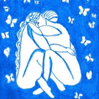 Embrace, Vintage Swedish Inspired, Abstract Figures, Blue Nudes Oil Pastel Painting