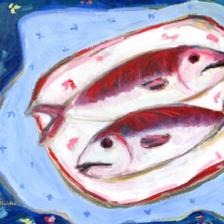 Mid-Century Modern, Two Fish on Blue, Vintage Style Still Life Oil Painting by Alexandra Swistak