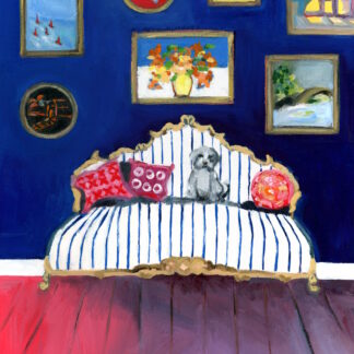 Pup on Blue Striped Sofa II, Interior Room Portrait Oil Painting by Alexandra Swistak