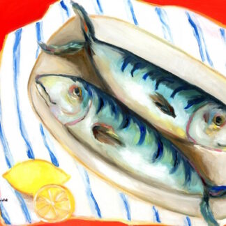 Two Fish, Two Lemons on Table, Vintage Swedish Style Still Life Oil Painting