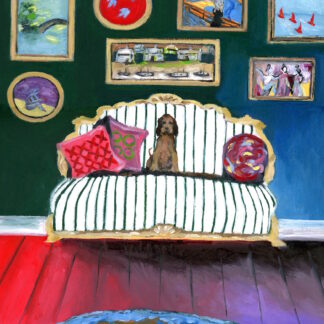 David Hockney Inspired Pup on Green Striped Sofa Interior Room Portrait Oil Painting by Alexandra Swistak