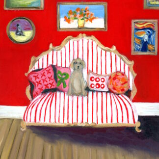 David Hockney Inspired Pup on Red Striped Sofa Interior Room Portrait Oil Painting by Alexandra Swistak